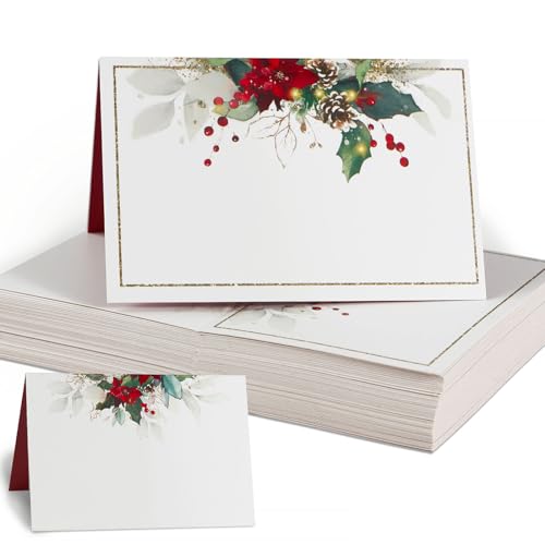 50pcs Christmas Place Cards for Table Setting Holiday Poinsettia Holly Table Name Place Cards for Dinner Buffet Tented Folded (Poinsettia and Pine Cone)