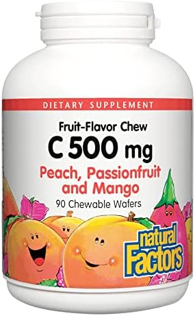 Natural Factors, Kids Chewable Vitamin C 500 mg, Supports Immune Health, Bones, Teeth and Gums, Peach, Passionfruit and Mango, 90 Wafers