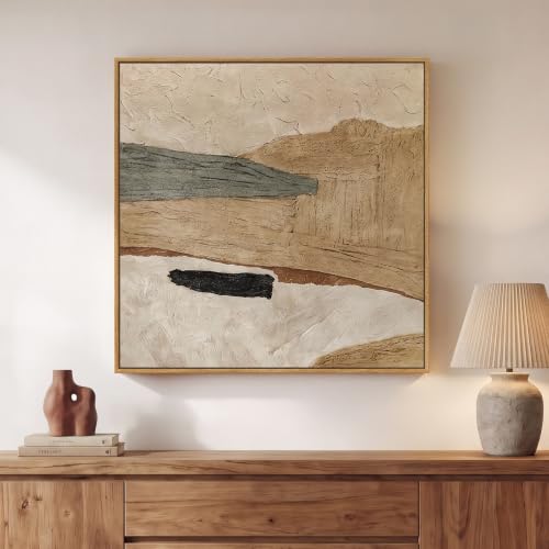 Framed Neutral Organic Abstract Canvas Wall Art for Dining Room, 24x24 In