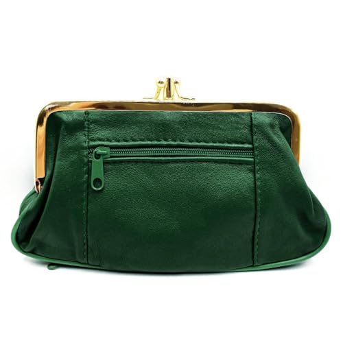 Charmoni - Grande Portefeuille Porte Monnaie Femme - à Fermeture clic clac Fermoir - Poche zippée - en Cuir d'agneau (Vert foncé)