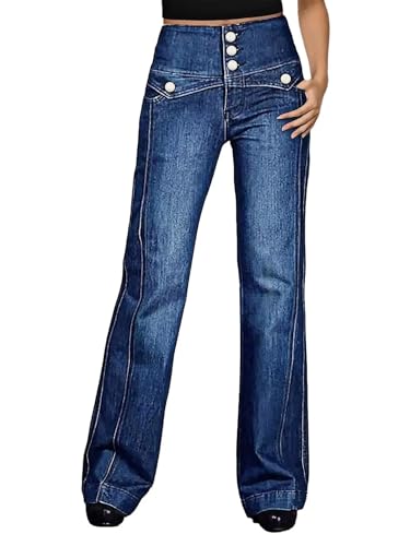 Flamingals Straight Leg High Rise Wash Seam Front Button Fly Women's Vintage Jeans Butt Lifting Denim Pants Navy Blue L