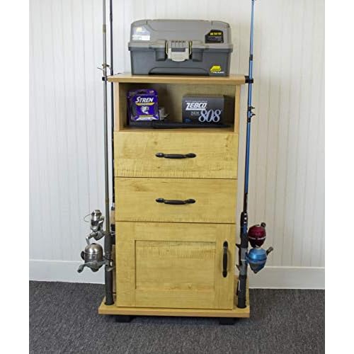 OS Home 704 2 Drawer 1 Shelf Fishing Storage and Organization Cabinet for 12 Fishing Rods, Laminated Honey Maple Finish