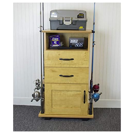 OS Home 704 2 Drawer 1 Shelf Fishing Storage and Organization Cabinet for 12 Fishing Rods, Laminated Honey Maple Finish