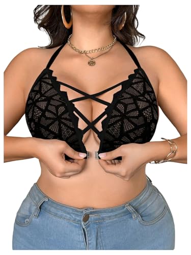 SOLY HUX Plus Size Lace Bras for Women Front Closure Bra Criss Cross Wireless Bralette