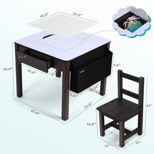 Cowiewie 3Pcs Toddler Table & Chair Set Kids Wooden Activity Desk & 2 Chair Set With Storage 2 Drawers For Child Arts & Crafts,Snack Time,Homeschooling,Homework(Building Blocks Mat As Gift Included) #TOP1
