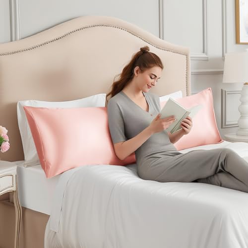 Image of INFIIXSO Body Pillow Cover with Zipper, Luxury Mulberry Silk Long Body Pillow Case 20x54 Inches, Ultra Smooth and Soft Cooling Body Pillow Pillowcase, Gift for Women, Men(Rose Pink)