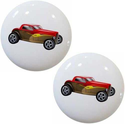 Set of 2 Hot Rod Car Red Yellow Roadster Cabinet Drawer Pull Knobs