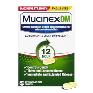 Mucinex DM 12Hr Maximum Strength Chest Congestion & Cough Medicine for Adults, Cold and Cough Medicine for Excess Mucus Relief, 1200 mg Guaifenesin & 60 mg Dextromethorphan HBr, 48 Bi-Layer Tablets