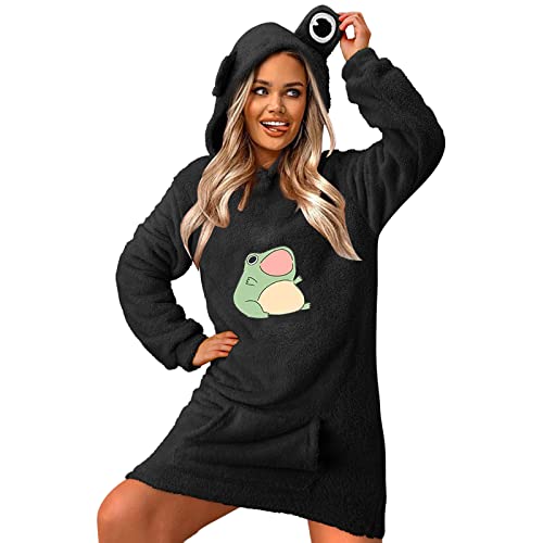 HappyShopYZ Pyjama Polaire Femme Hiver Chemise De Nuit Femme Grenouille Mignonne Sweet Manches Longues Sweat à Capuche ImpriméE avec Oreilles Animales Peignoir Pullover Peluche Chaud Décontractée Cover