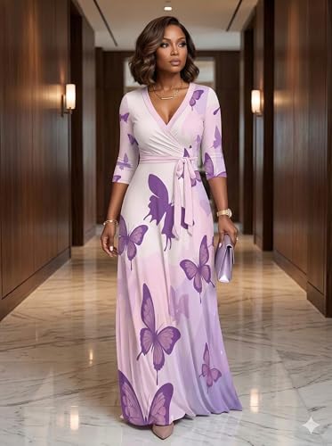 Image of PinkPatty Plus Size Maxi Dresses for Women Casual Flowy Long Dress 3 /4 Sleeve V Neck Wrap Dress with Belt