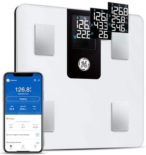 GE Smart Scale for Body Weight BMI Fat Muscle Mass with 14 Body Composition Metrics & All-in-one LCD Display, Digital Bathroom Weight Monitor Bluetooth with App, Accurate Weighing Machine 400lb White