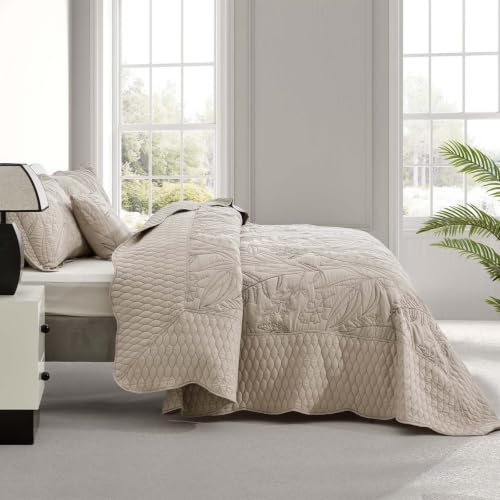 Image of Bedspread oversized Full 96x110,Beautiful Leaf Stitching,5 PC,Taupe