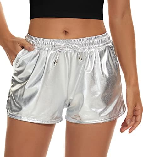 Taydey Metallic Shorts for Women Hot Sparkly Shiny Shorts with Elastic Drawstring Silver S