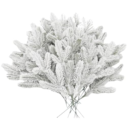 UWIOFF 12 Pcs Frosted Artificial Pine Needles Branches 11.2' Flocked Pine Picks Greenery Stems...