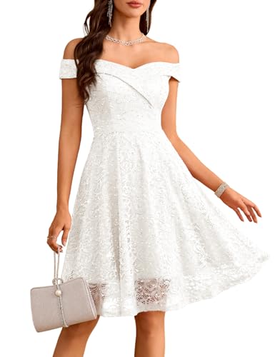 HomRain Graduation Dress for Teens Sparkly Off the Shoulder White Lace Short Formal Elegant Cocktail Wedding Guest Women Dress Sequin-White S