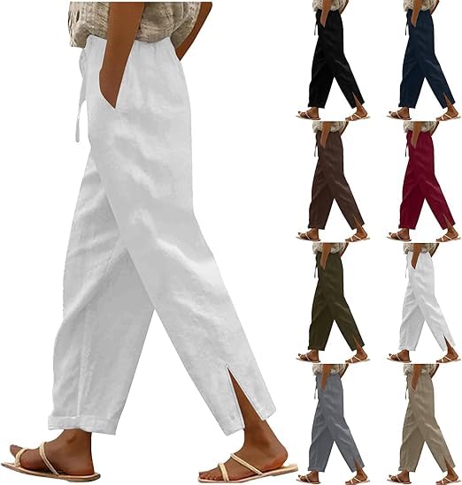 2025 Linen Pants Women High Waist Elastic Drawstring Lounge Trousers Casual Lightweight Side Split Summer Beach Pants