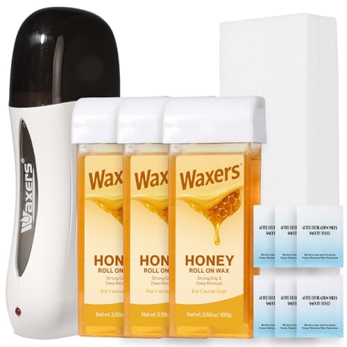 Roll on Wax Kit for Hair Removal Honey at Home Waxing Kit for Women & Men Roller Wax Cartridge Depilotry for Coarse & Thick Hair with Warmer & Strips