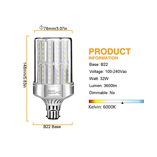 HZSANUE LED Light Bulbs 32W, 260W Incandescent Bulbs Equivalent, 3600Lm, 6000K Daylight White, B22 Bayonet Cap, Pack of 2 - Image 2