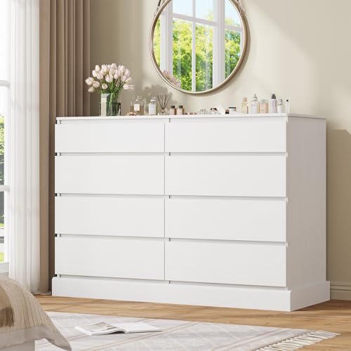 Image of DICTAC 8 Drawers Dresser for Bedroom, White Large Chest of Drawers, Long Modern Double Dressers, Big Clothing Storage Organizer Closet with Ample Space, 51.6''L x 15.7''D x 37.7''H