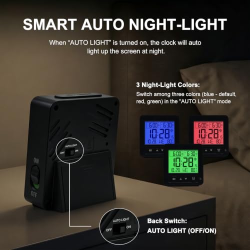 Atomic Clock with Backlight, Small Digital Clock Battery Operated with LCD Display, 2 Alarm Settings, Temperature, Digital Travel Alarm Clock for Desk, Atomic Alarm Clock for Bedrooms, Bedside - Image 4