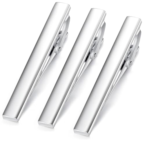 HONEY BEAR 3pcs Mens Tie Clip Set Tie Bar Normal Size 1.97inch for Wedding Business Shirt Gift 5cm (Shinny SIlver 5cm with box)