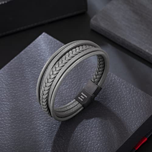 murtoo Mens Leather Bracelet with Magnetic Clasp Cowhide Multi-Layer Braided Leather Mens Bracelet (Dim Grey&Black Clasp 8.5") - Thumbnail 3