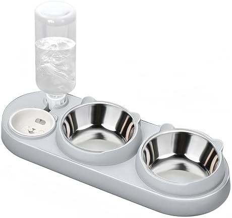 Marchul 3 in 1 Katzennapf, Katze Futternapf und Wassernapf Set mit Wasserspender und Edelstahlnäpfen, 15° geneigte Haustier Erhöhte DREI Schalen für Indoor-Katzen, kleine oder mitt