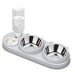 3 in 1 Cat Bowl, Cat Food and Water Bowl Set with Water Dispenser and Stainless Steel Bowls, 15° Tilted Pet Raised Three Bowls for Indoor Cats, Small or Medium Sized Dogs
