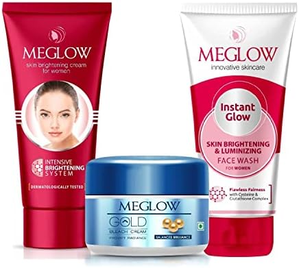 Meglow Skin Care Combo Pack of 3-Gold Bleach cream (50g)|Face Cream For Women (50g) with Aloevera Extracts & Vitamin E|Instant Glow Face Wash (70g)+Skin Brightening and Luminizing for Radiant Skin