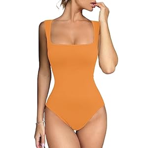 Meyeeka Women’s Seamless Bodysuit Square Neck Sleeveless Tapered Shoulder Straps Tank Tops Summer