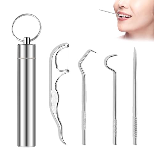 LZZEM 4Pcs Stainless Steel Toothpicks Set Portable Toothpick with Keychain Box Reusable Metal Toothpicks Cleaning Tooth Hook Scraper Pick Teeth Tool for Outdoor Picnic Camping Traveling