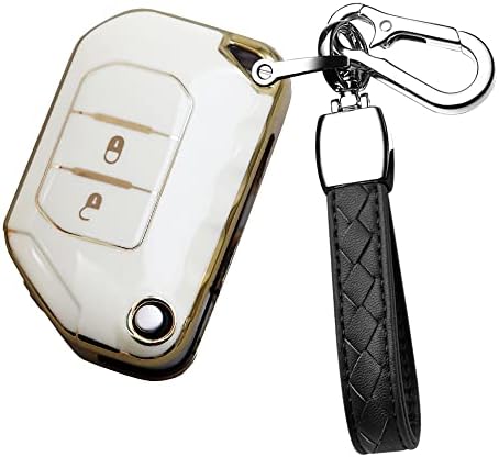 HIBEYO Car Flip Key Fob Cover with Keychain for Jeep Wrangler JL JLU Gladiator 4XE 2018-2021 Key Case Accessories Soft TPU 2 Button Full-Protect Key Shell(White)