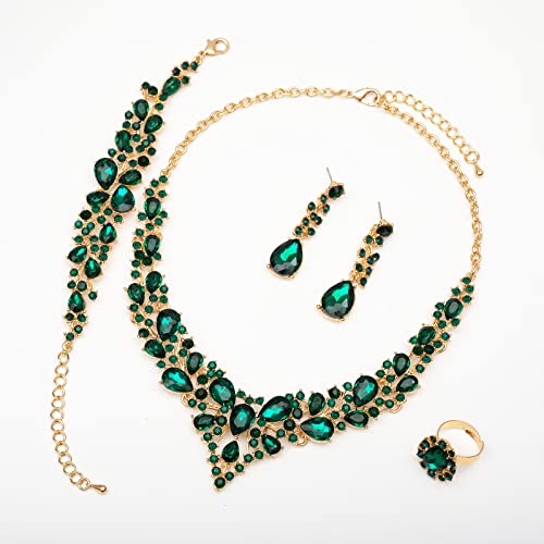 Csy 4 Pcs/Set Austrian Crystal Necklace Earrings Bracelet Ring Bridal Jewelry Sets For Brides Wedding Party Costume Accessories Gifts For Women (02-Gold Plated-Green) #TOP2