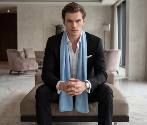 Bufanda de seda hombre 180x80 cm pañuelo chal de gasa para traje azul 6