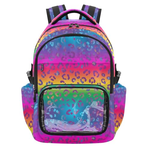 Lxqimora Leopard Rainbow Gradient Pattern Clear Backpack for Travel School 25L Heavy Duty Transparent Bookbag with Water Resistant PVC Front Pocket Adjustable Straps for Stadium Events Commute