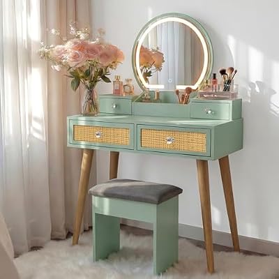 Brafab 31" Boho Natural Rattan Vanity Desk Set with 3 Modes Adjustable Lighted Mirror and Cushioned Stool, Modern Compact Design Makeup Table for Bedroom, Cute Dressing Table for Small Space, Mint