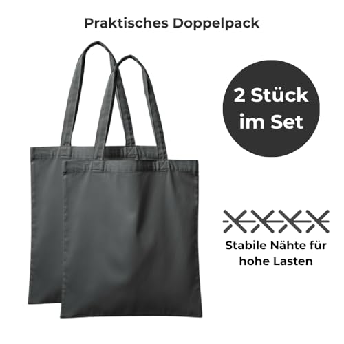 POLHIM® Robuster Stoffbeutel Grau 220g/m² (2 Stück) - Schwere Baumwolltasche mit langen Henkeln - Extra Stabile Graue Einkaufstasche im 2er Pack, 38x42 cm