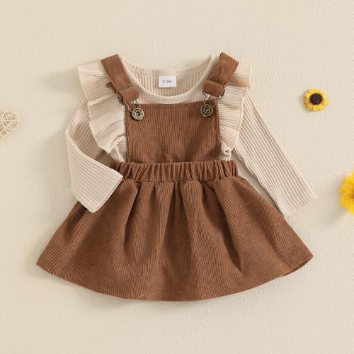 KMBANGI Newborn Infant Baby Girl Skirt Set Ruffle Long Sleeve Knit Romper Corduroy Suspender Dress Skirt Fall Winter Clothes3