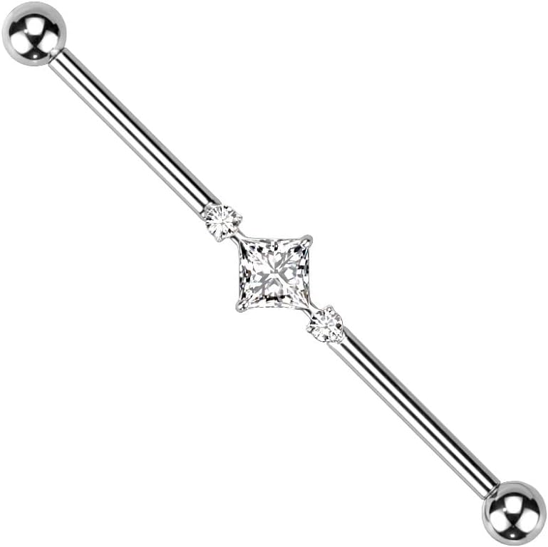 Pierced Owl 14GA G23 Implant Grade Titanium 2 Round CZ Crystals and Square Crystal Center Internally Threaded Industrial Barbell