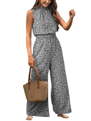 CUPSHE Damen Jumpsuit Blumen Stehkragen Overall Ärmellos Weites Bein Lang Playsuit Sommer Lose Hosenanzug mit Taschen