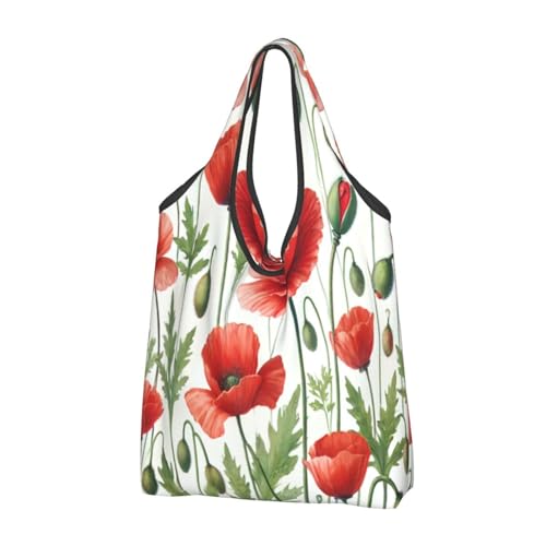 Grand sac de courses pliable réutilisable avec poignées de transport Motif coquelicots rouges