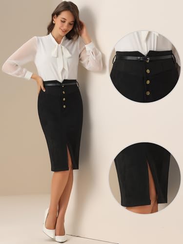 Allegra K Faux Suede Skirt for Women's High Rise Button Front A-line Slit Skirt2