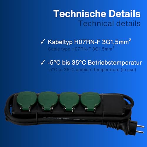 REV Steckdosenleiste - Mehrfachsteckdose 4-Fach IP44, ideal für Garten & Terrasse, Kabel 1,4m, max. 3500W, schwarz-grün