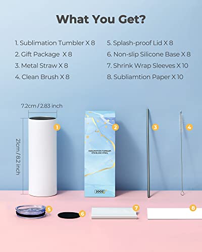 Hiipoo 8 Pack Sublimation Tumblers Bulk 20 Oz Skinny, Stainless Steel Double Wall Insulated Straight Sublimation Blanks Tumbler With 10 Sublimation Papers, 8 Lids And Straws, 10 Shrink Wrap Films #TOP1