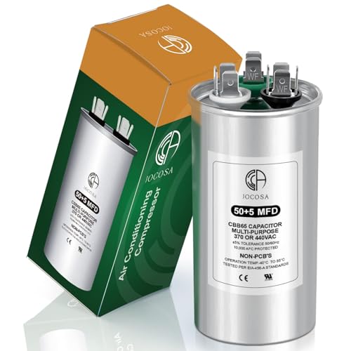 50+5 uF 50/5 MFD 370/440 VAC Dual Run Start Round Capacitor, CBB65 10,000 AFC Protected Universal Replacement for AC Unit Fan Motor, Heat Pump, Condenser Straight Cool and Pool Pump