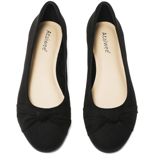 Image of Ataiwee Women's Wide Width Flat Shoes Bow Round Toe Ballet Flats,Black 4
