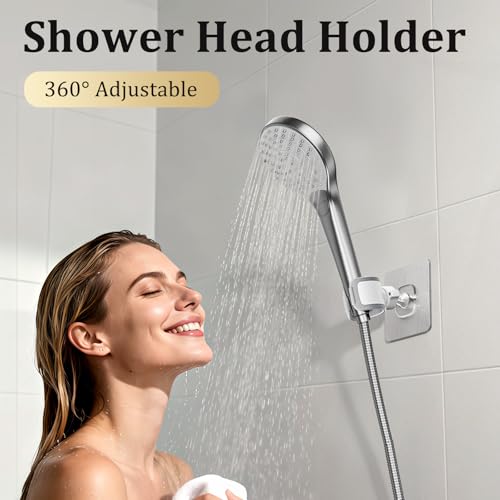 Blissfuhue Adjustable Wall Mounted Shower Head Holder, Strong Adhesive & Drilling 2 Installation Methods, 360° Swivel Handheld Shower Wand Holder for RV Kids’ Bathroom Shower Accessories (White)