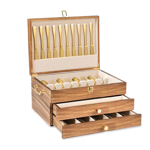 Yoimori Silverware Storage Box, 3-Layer Flatware Storage Case with Drawer, Wooden Silverware Chest with Handle and Linen Liner, Rustic Silverware Case for Storing Fine Flatware and Utensils (Brown)