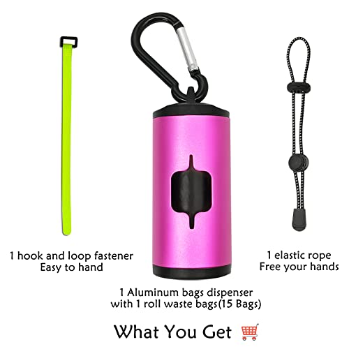 Yuchiya Aluminum Dog Poop Bags Holder With Carabiner Metal Pet Waste Bags Dispenser With Hook And Loop Fastener And Elastic Cord To Carry Used Bags(Pink, 1 Holder 15 Bags) #TOP5