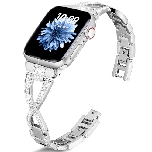 Efolen Diamantes Correa Mujer Compatible con iWatch Apple Watch Series10 9 8 7 6 5 4 3 2 1SE Ultra, Bling Correa Metal Accesorios Pulsera 38 40 41 42 44 45 46 49mm Regalo Silver-L